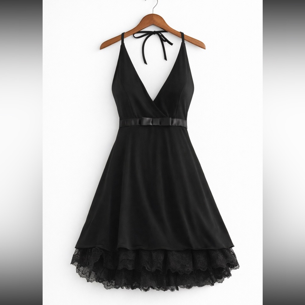 NWOT Elegant Black Halter Dress with Bow Detail